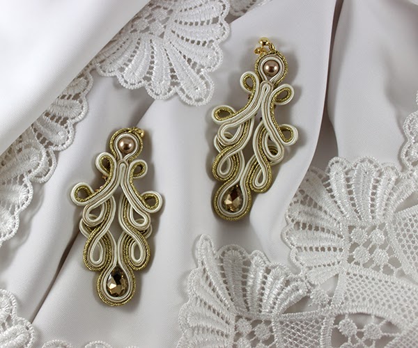 Openwork lace gold and beige soutache earrings