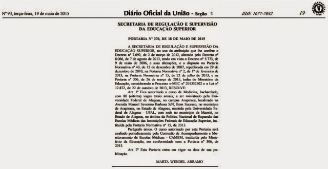 MEC autoriza e Ufal ofertará curso de medicina em Arapiraca a partir do 2º semestre de 2015 