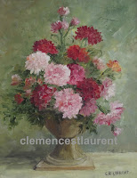 Oeillets roses et rouges dans un vase à pied, huile 10 x 8 par Clémence St-Laurent