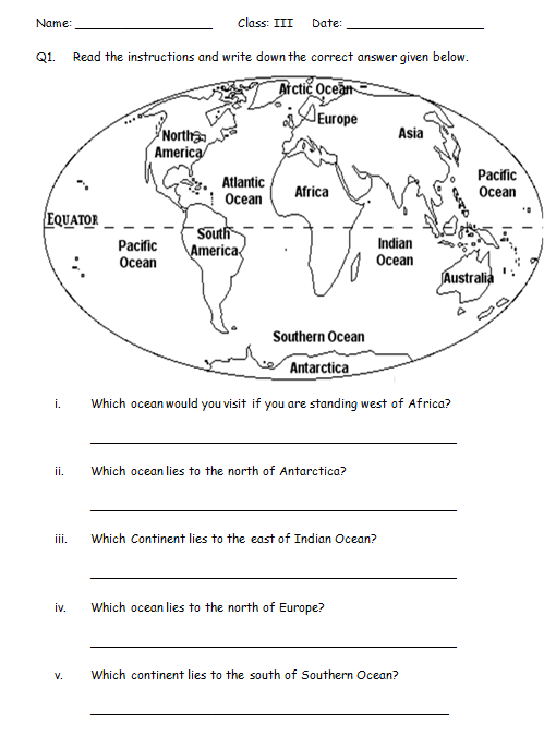 Continents And Oceans Worksheet Printable Grade Geography Worksheets ...
