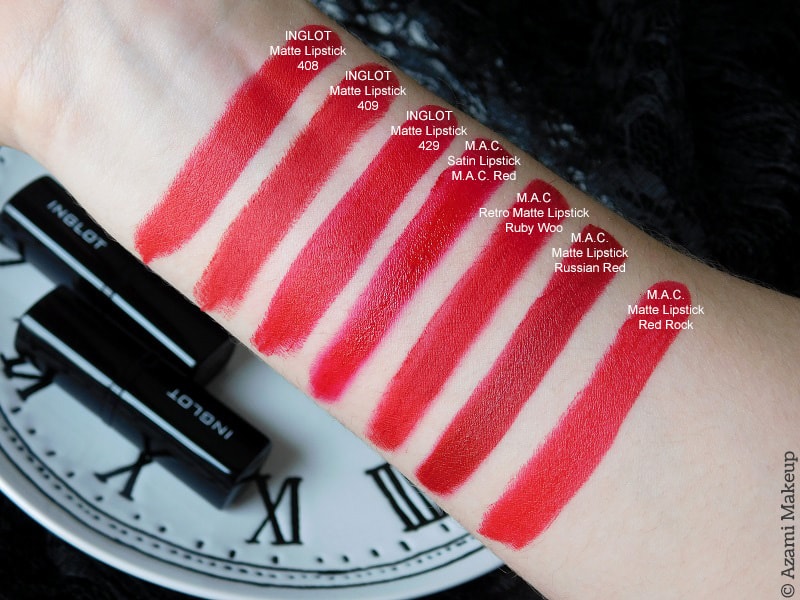 Inglot Cosmetics | Matte Red Lipsticks 408 409 429 Review & Swatches - Avis Rouge à lèvres - Comparison Comparaison M.A.C. Dupes Ruby Woo, Russian Red, Red Rock, M.A.C. Red Satin Inglot Cosmetics | Matte Red Lipsticks 408 409 429 Review & Swatches - Avis Rouge à lèvres - Comparison Comparaison M.A.C. Dupes Ruby Woo, Russian Red, Red Rock, M.A.C. Red Satin
