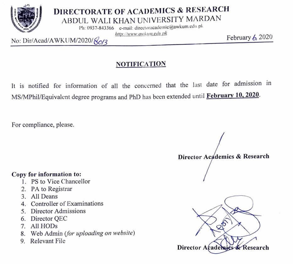 Abdul Wali Khan University Mardan Extension in Admission Date of MS