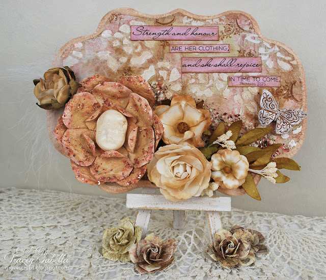 Scripture MIxed Media Art by Tracey Sabella for Scraps of Elegance with Prima Flowers and Resin