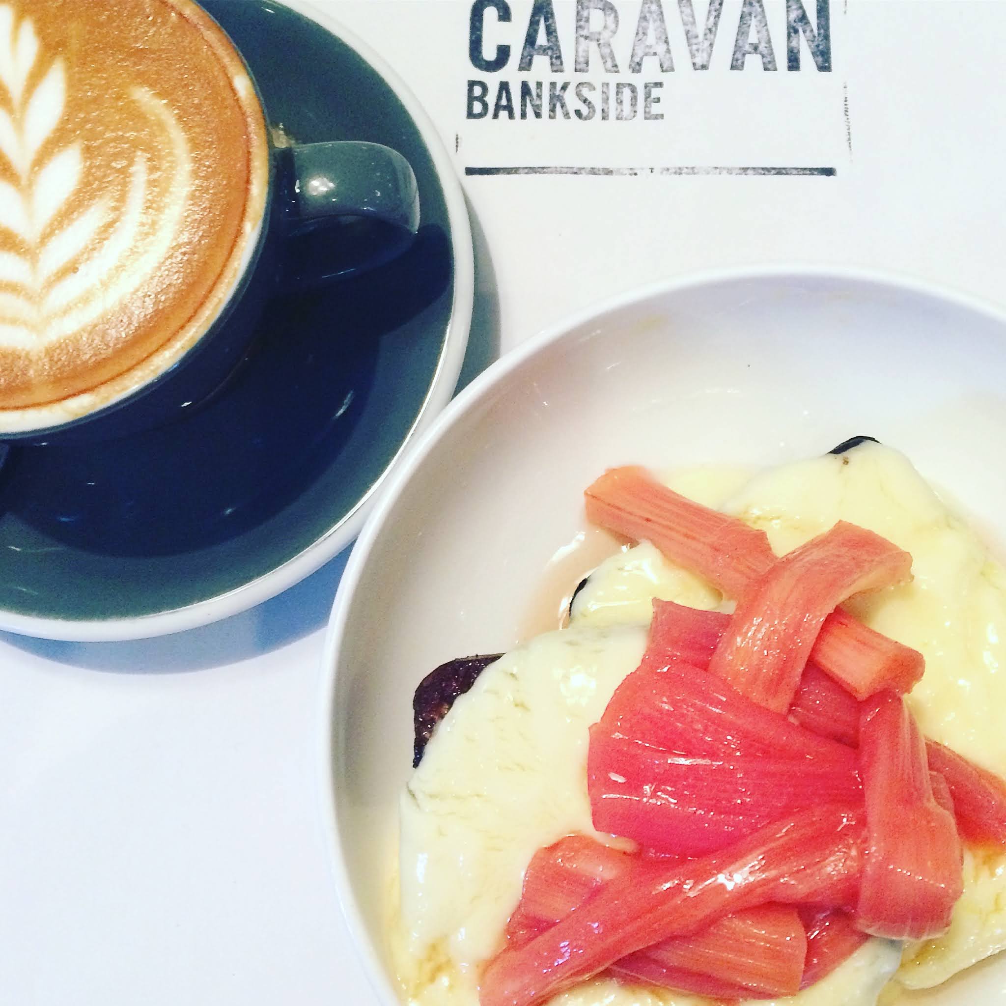 Coconut cake, custard and poached rhubarb at Caravan Bankside, one of the best brunch places in London bridge area