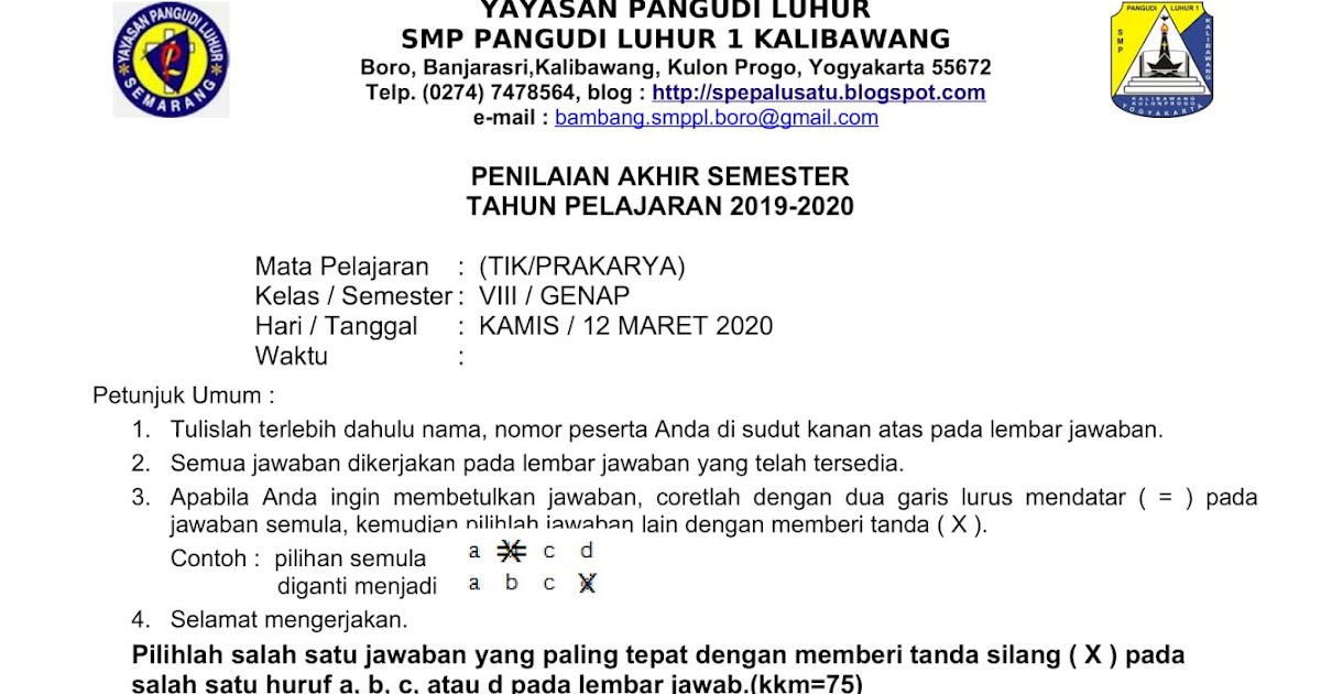 SMP PANGUDI LUHUR 1 KALIBAWANG SOAL PTS SEMESTER GENAP