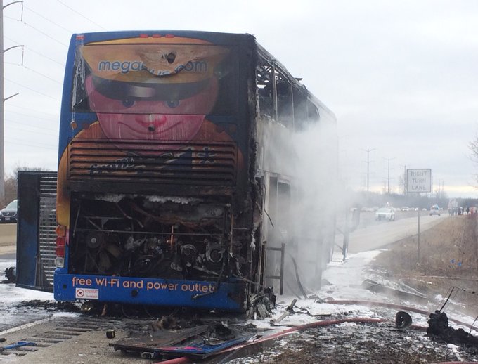 Megabus on fire in Lake Forest, Illinois