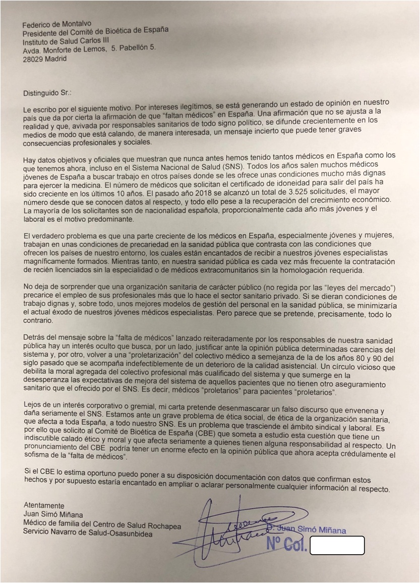 Salud, dinero y atención primaria Carta al Comité de Bioética de España.