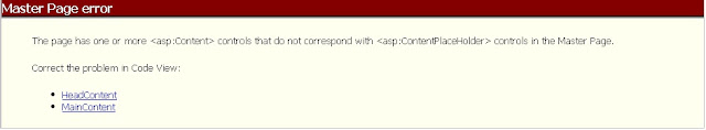 Page has one or more <asp:Content> controls that do not correspond with <asp:ContentPlaceHolder> controls in the Master Page