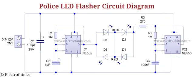 Police LED Flasher Circuit with 555 Timer