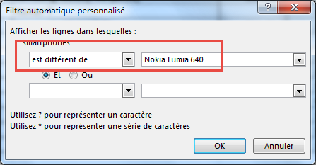 Critère de filtre - Nokia Lumia 640