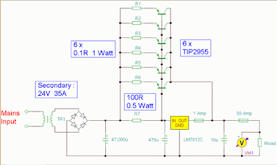 Simple 12 Volt 30 Amp PSU Circuit Diagram