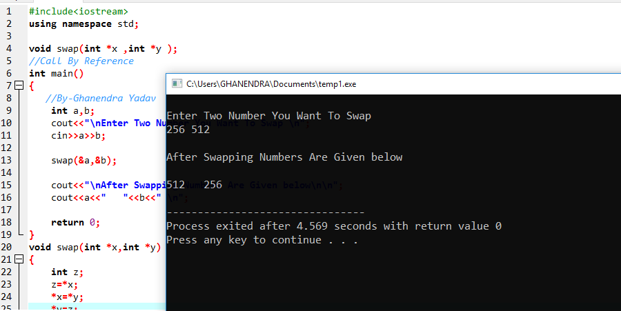C++ Program To Swap Two Numbers Using Functions