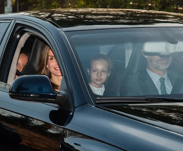 Princess Sofia, Princess Leonor, King Felipe, Queen Letizia,  Leonor and Sofia attend first week of school arrive at 'Santa Maria de los Rosales' school
