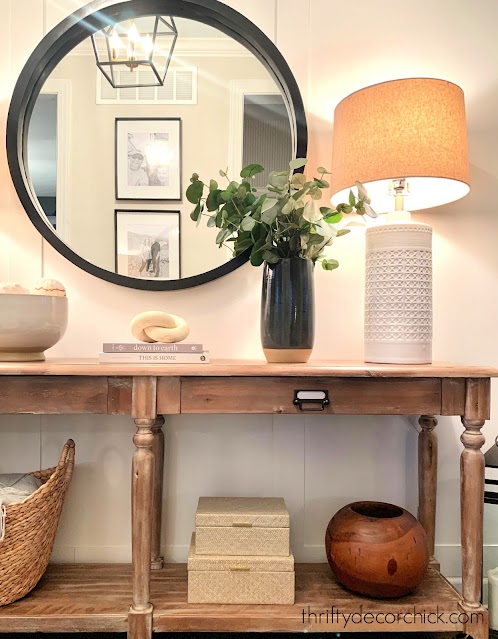 foyer table with faux eucalyptus and decor