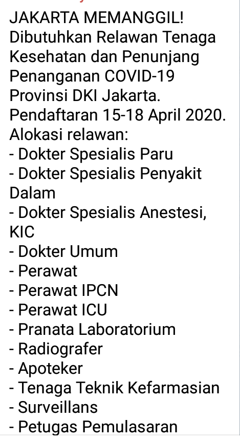 JAKARTA MEMANGGIL! Dibutuhkan Relawan Tenaga Kesehatan dan Penunjang Penanganan COVID-19 Provinsi DKI Jakarta. Pendaftaran 15-18 April 2020