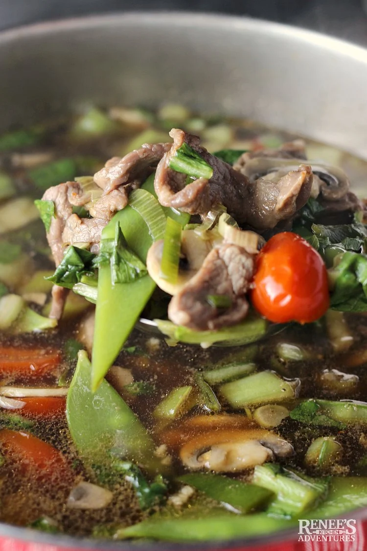 Ladle full of Spicy Chinese Beef Noodle Soup by Renee's Kitchen Adventures over a pot of the hot soup