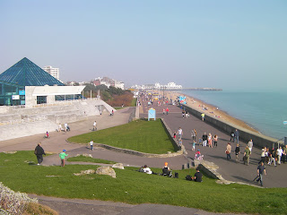 crowds enjoying southsea seafront by the pyramids on a saturday