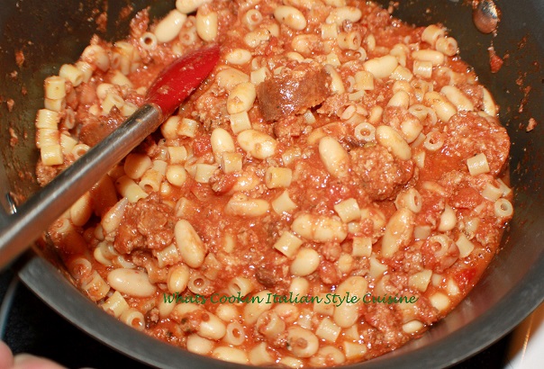 this is a big pot of leftover crushed meatballs and sausage to make beans meat and pasta