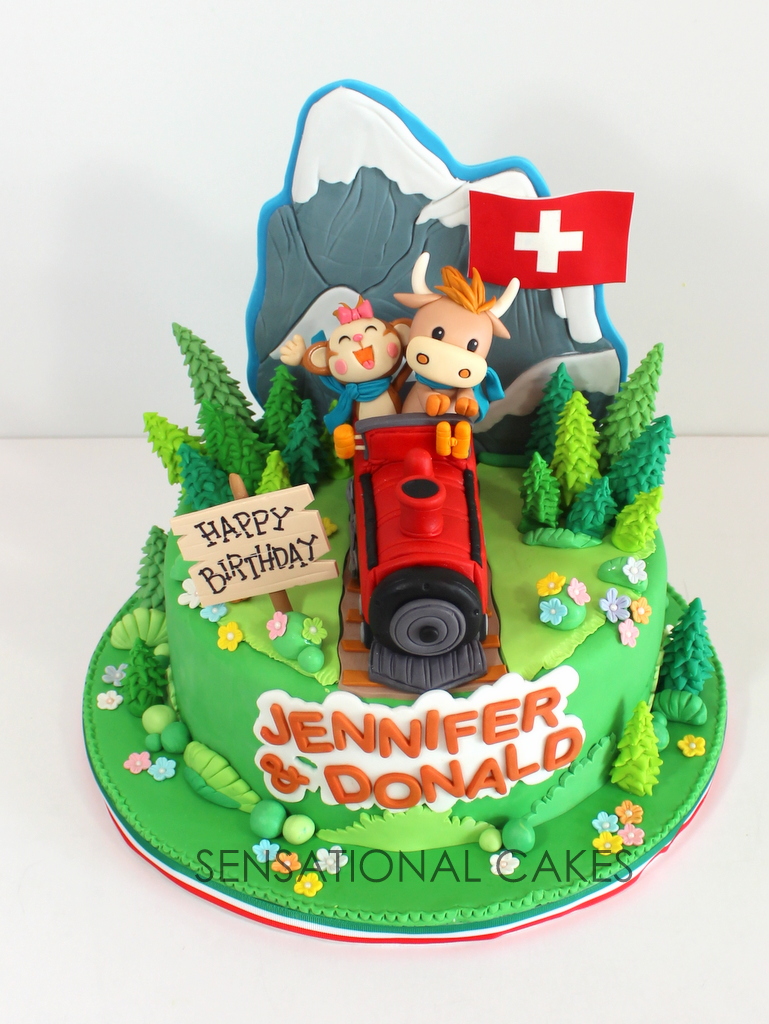 The Sensational Cakes: holly cow over swiss alps and his best friend the cute monkey . 3d cake singapore . amazing theme and scenic for a 3D cake