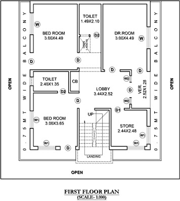 first%2Bfloor house plan - 40 By 40 Feet ( 12.192 By 12.192 Meter) || 1600 Sq.feet || South Face