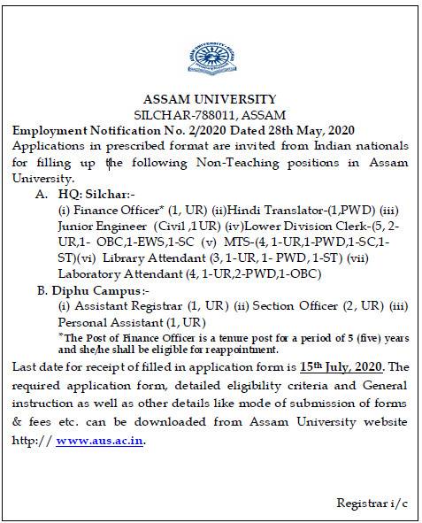 Assam University Recruitment 2020: Apply For Non-Teaching Vacancies