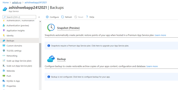 Configure a Backup for your Azure App Service