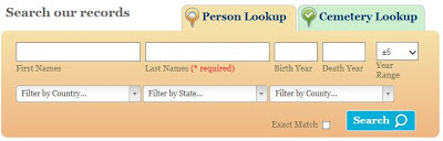 Headed "Search our records" there are then fields for First name, Last name, Birth year,  Death year and some for Location - explained below.