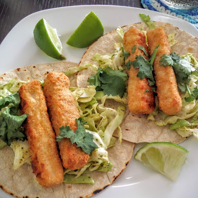 Fish Sticks Tacos:  A quick dinner fix of fish tacos made with fish sticks and slaw on corn tortillas.