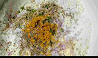 Wheat flour, besan, chopped onion, chilli, turmeric powder coriander leaves for Missi roti dough