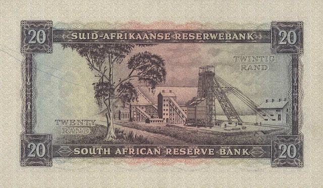 South African Currency 20 Rand banknote 1962 Gold Mine Witwatersrand Basin