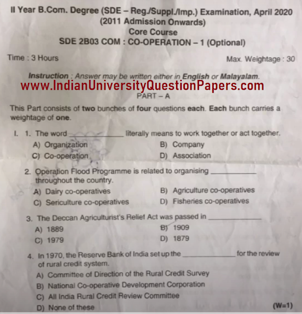 Kannur University CoOperation I 2020 Question Paper