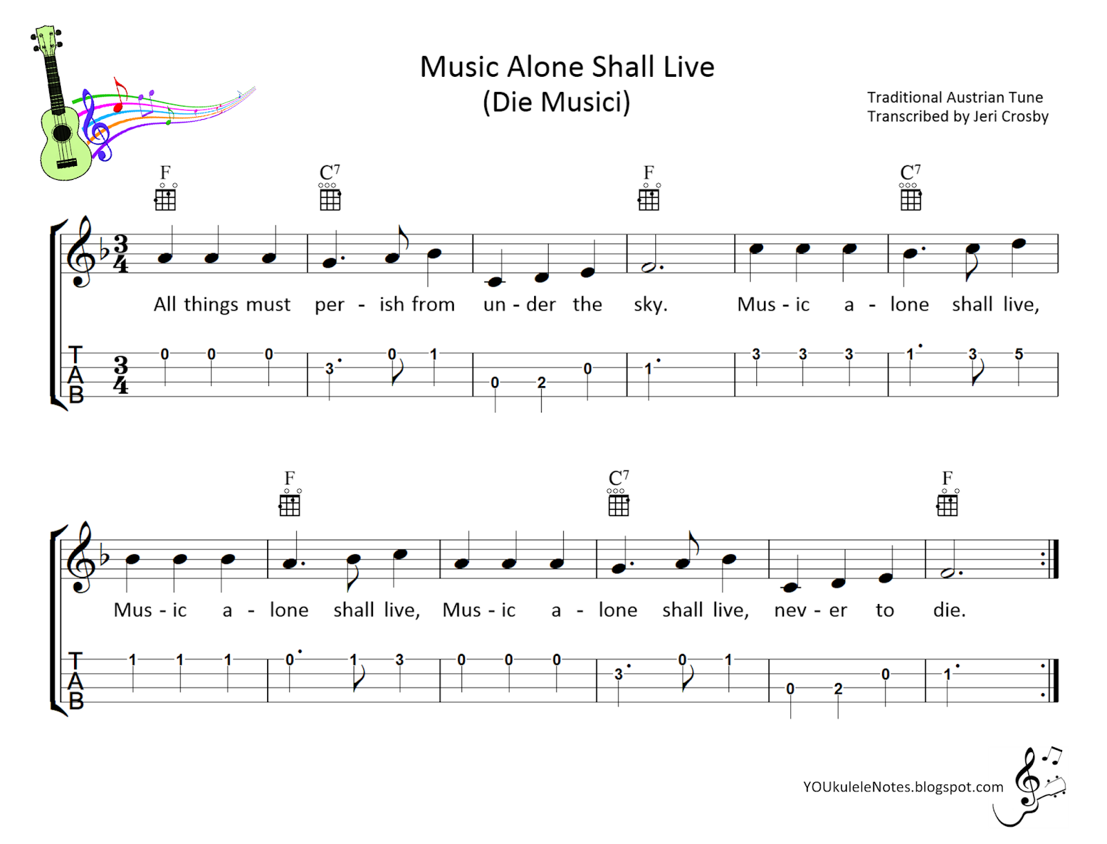 Jeri's YOUkulele Notes F & C7 Songs Pattern 2