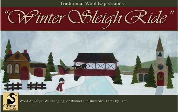 Winter Sleigh Ride Wool Applique Wallhanging 13.5" by 37"