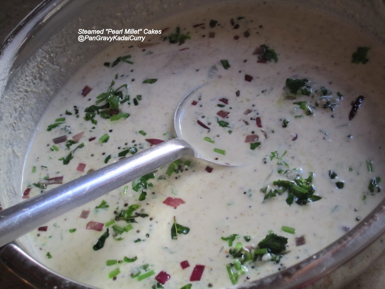 Pan Gravy Kadai Curry Steamed PearlMillet Cakes "Bajra/Kambu Idli" With Smashed Eggplant and