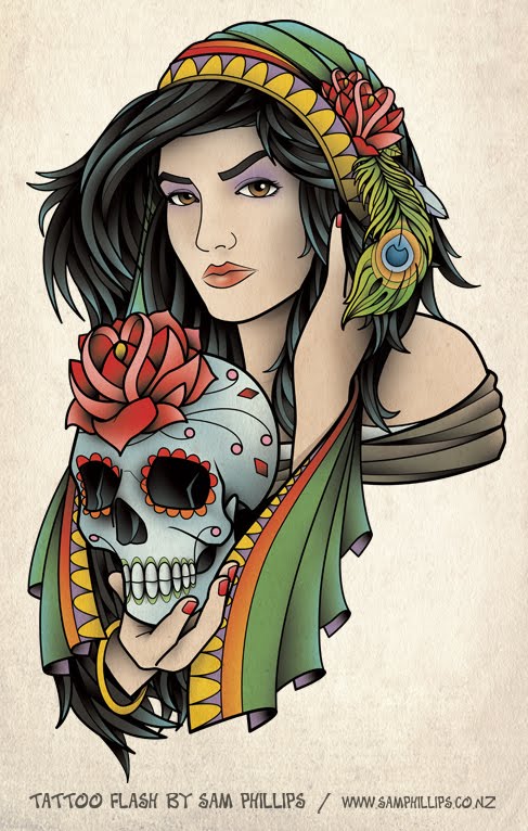 I designed this tattoo of a beautiful gypsy holding a sugar skull for Tom