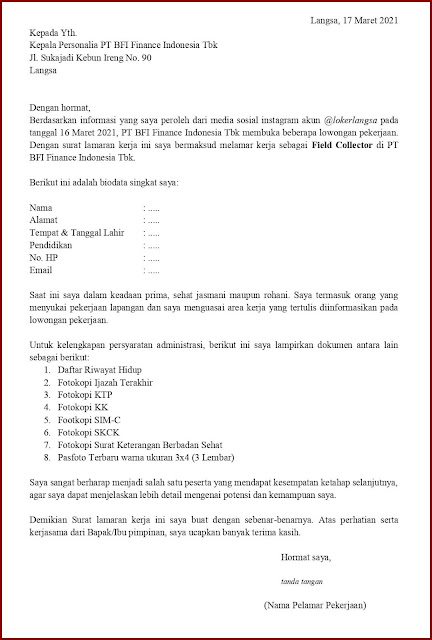 Contoh Application Letter Untuk Field Collector (Fresh Graduate) Berdasarkan Informasi Dari Job Media Sosial