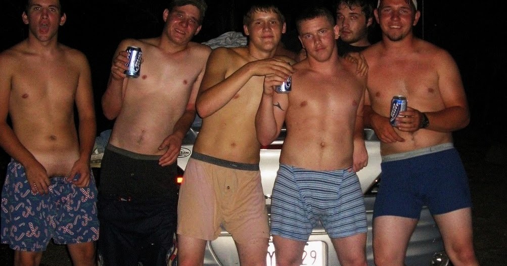 5 drunk redneck boys drop their pants, showing off their undies... 