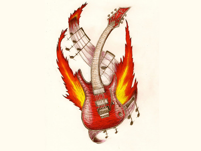 on fire guitar with roses tattoo guitar in black and white tattoo  title=