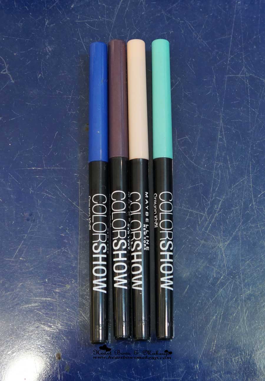 All Maybelline Color Show Pencils Review Swatches Shiny Beige Noble Purple Ocean Blue Peacock Green