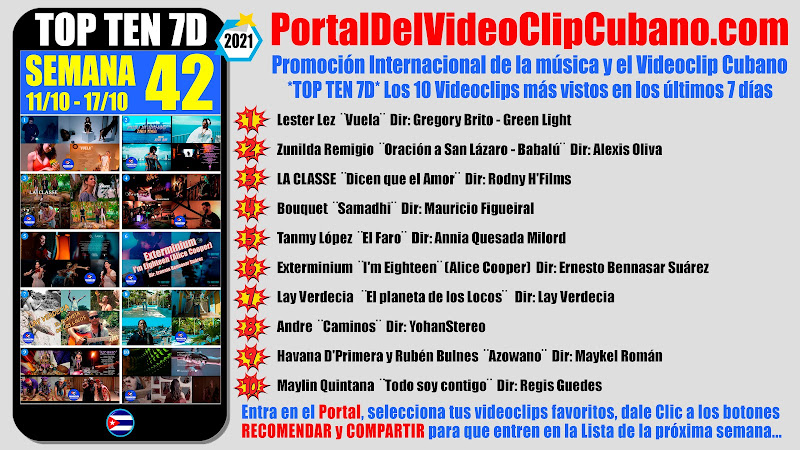 Artistas ganadores del * TOP TEN 7D * con los 10 Videoclips más vistos en la semana 42 (11/10 a 17/10 de 2021) en el Portal Del Vídeo Clip Cubano
