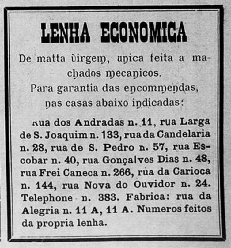 Anúncio promovendo a venda de lenha para os lares em 1902