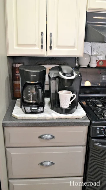 coffee bar and cabinets