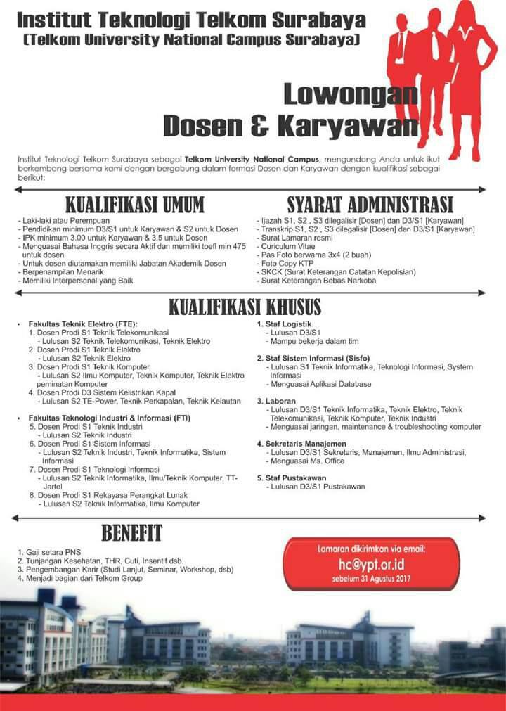Lowongan Dosen dan Staf Institut Teknologi Telkom Surabaya Agustus 2017
