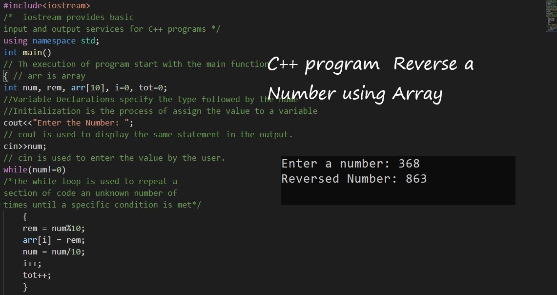 C++ program Reverse a Number using Array