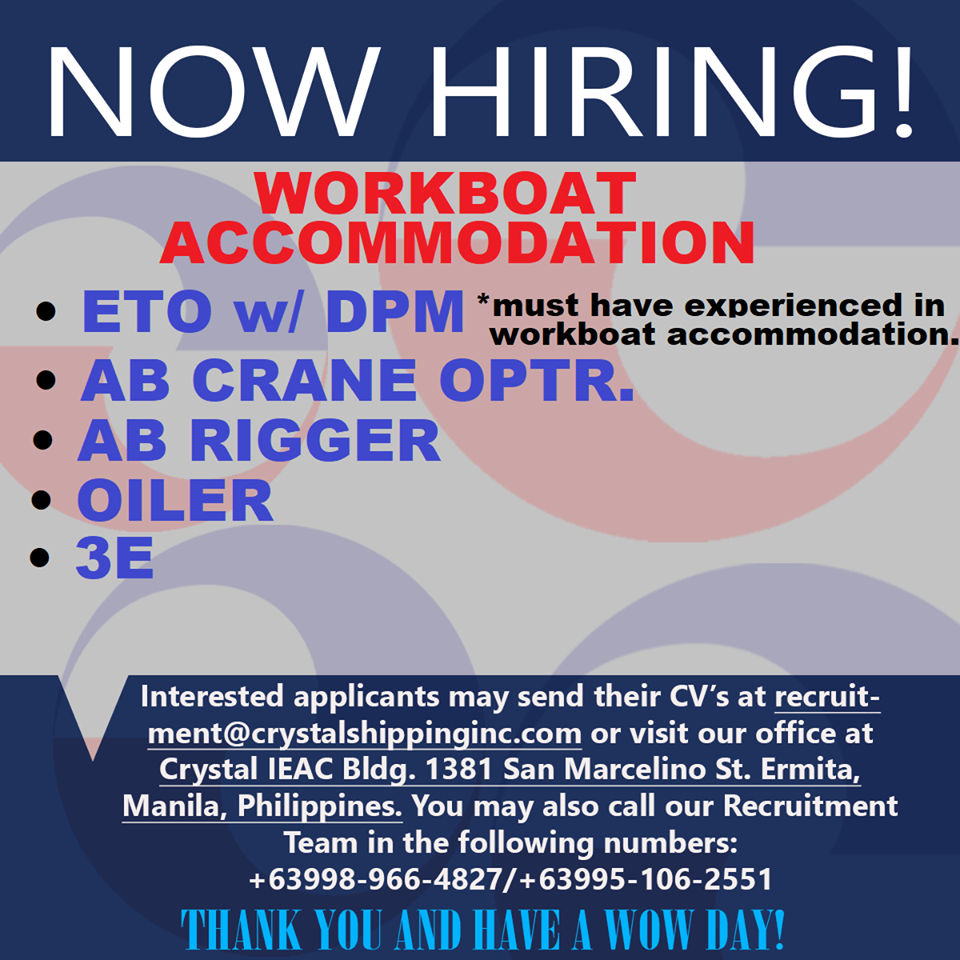 Hiring Filipino Crew For Workboat OfficiaI Info Seaman