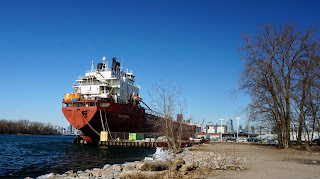 Ship in Toronto Harbour next to Cherry Beach.