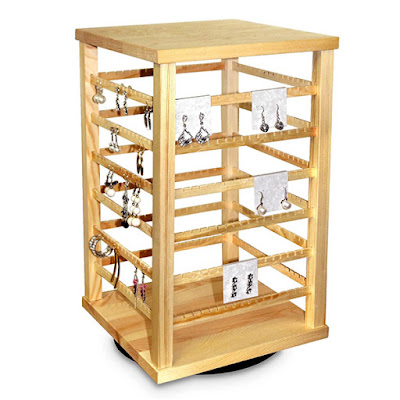 Natural Wood Rotating Jewelry Earring Display from Nile Corp showcasing multiple pairs of earrings