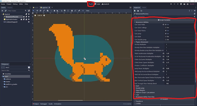 A screenshot of the Godot scene-editor with the Squirrel Away squirrel-player scene open. It shows a lot of grouped editable properties in the inspector-panel on the right side.