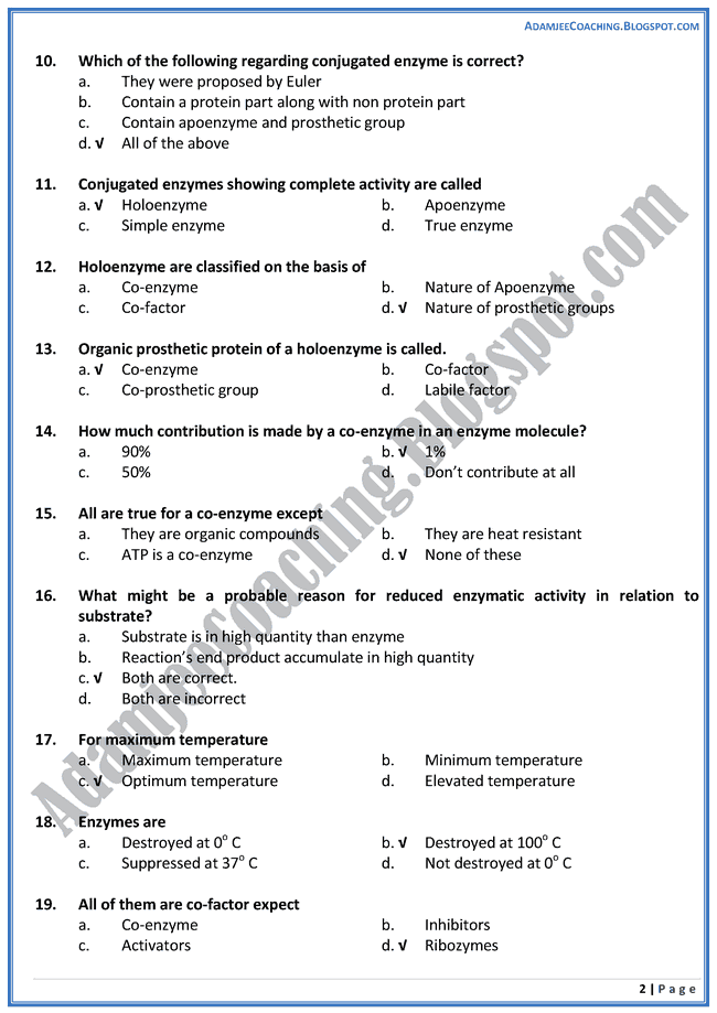 Adamjee Coaching MCAT Biology [Enzymes] Mcqs for Medical Entry Test