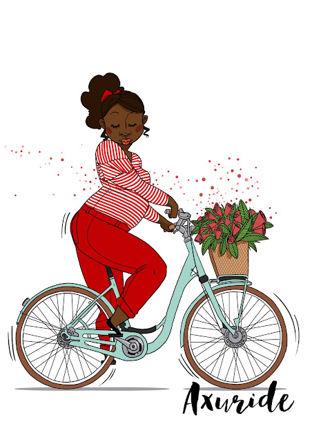 illustration femme noireet ronde à bicyclette, elle porte une jolie marinière rouge et blanche et roule sur un vélo de couleur mint, un jolie bouquet de fleur dans le panier avant.